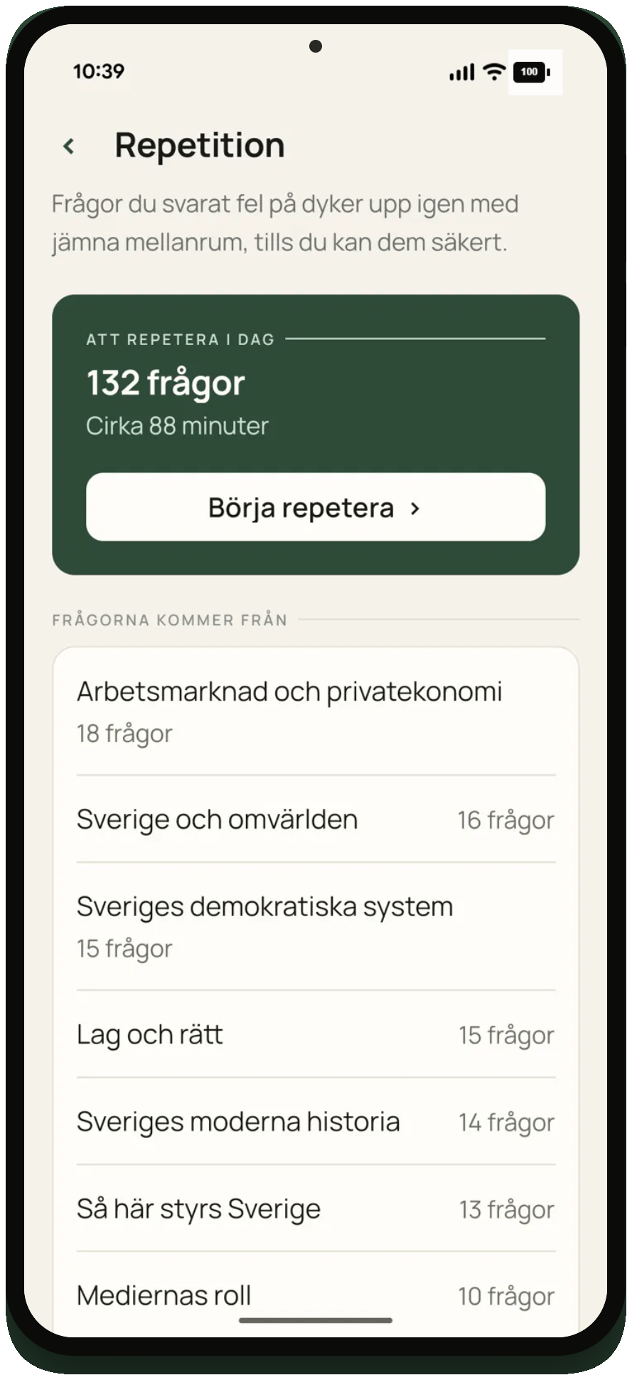 Repetitionsvyn i Mebbo: 132 frågor att repetera i dag, fördelade per kapitel.
